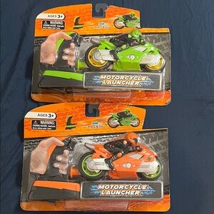 🆕 TWO Motorcycle Launcher Toy Set - Green and Orange